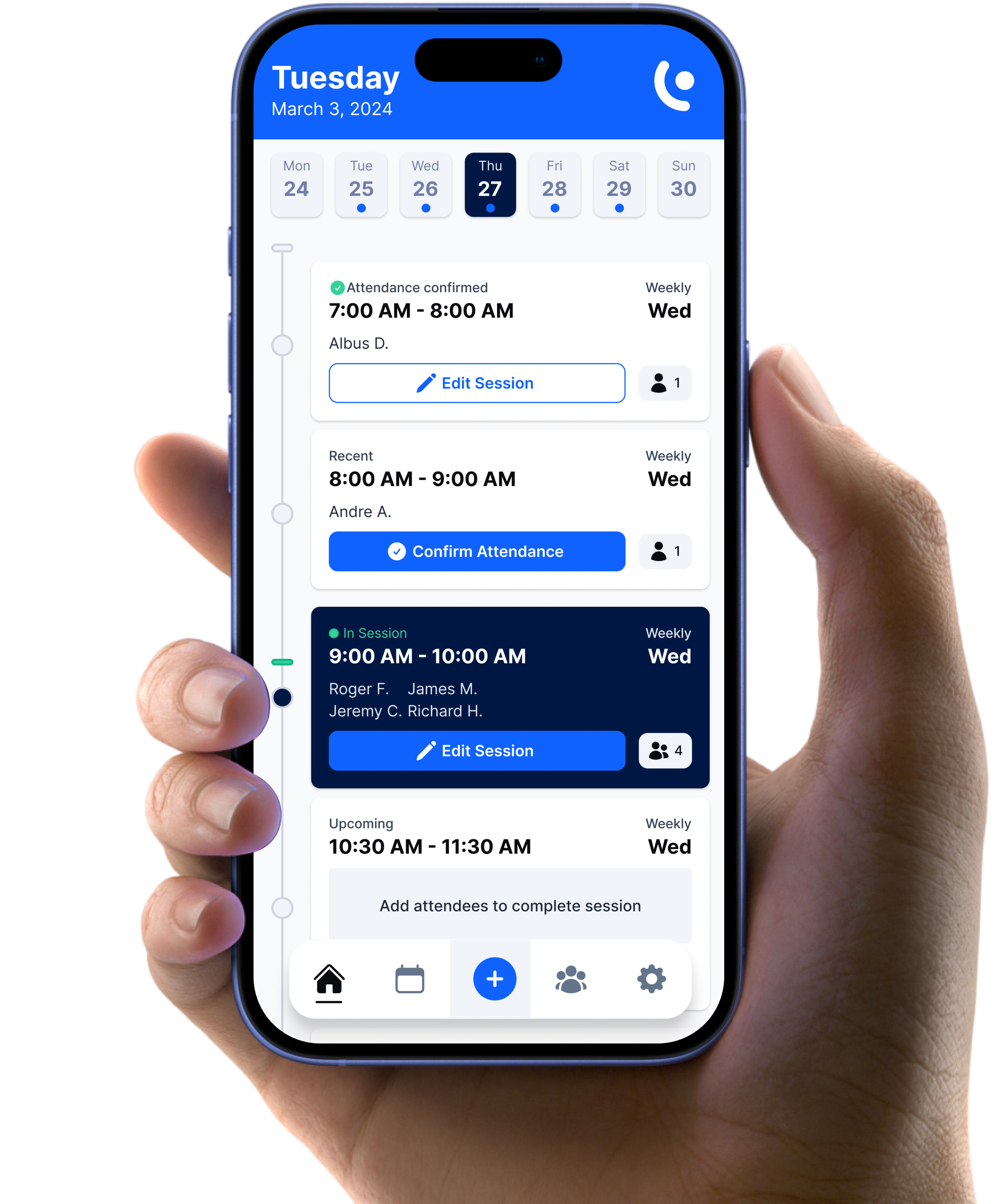 Hand holding phone with RosterAid app